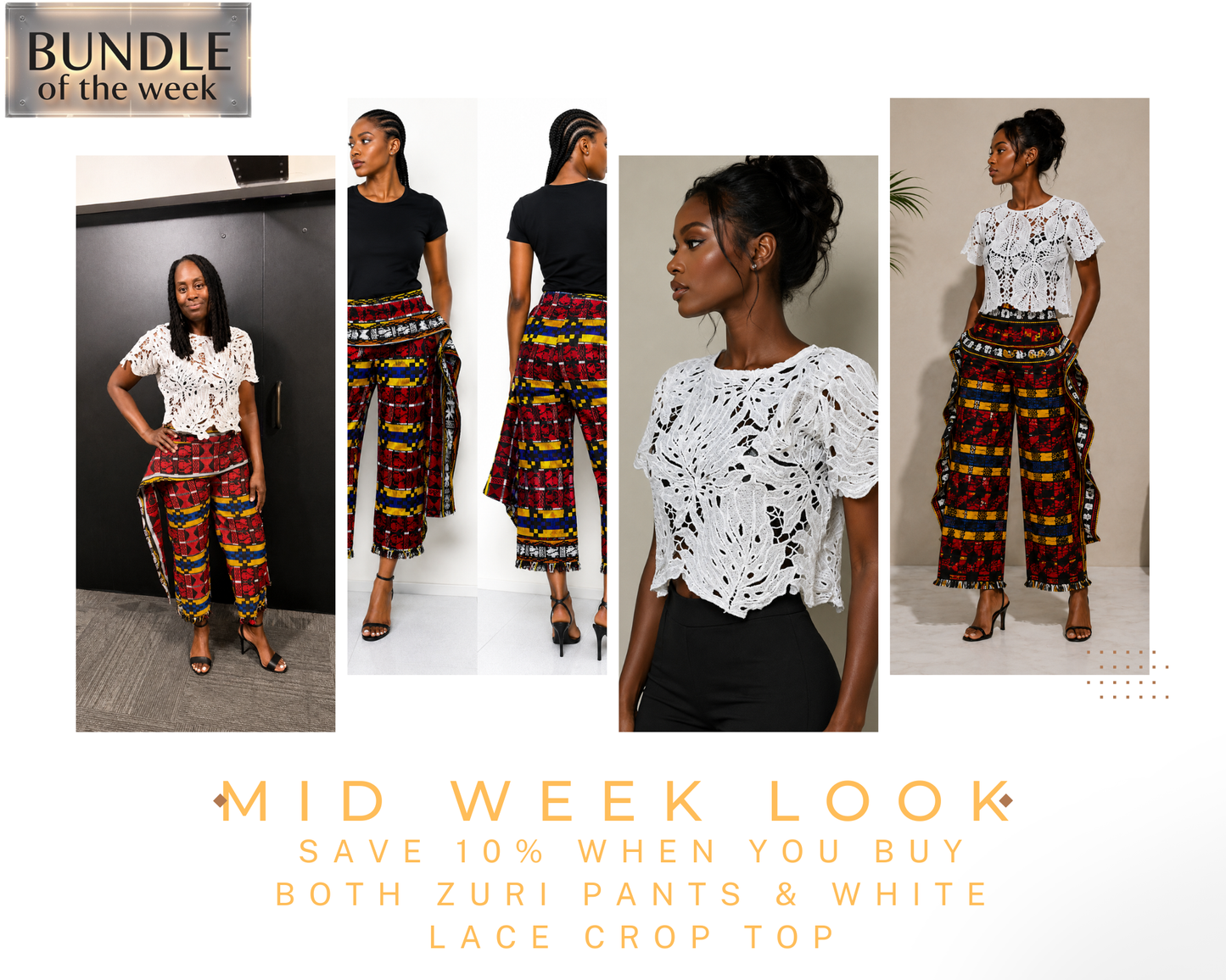Zuri Bundle Set – White Lace Top & African Print Pants