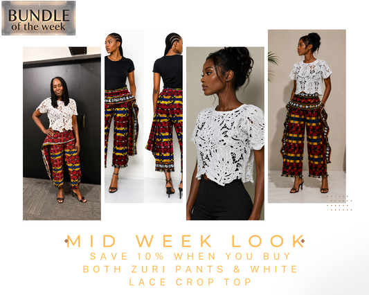 Zuri Bundle Set – White Lace Top & African Print Pants
